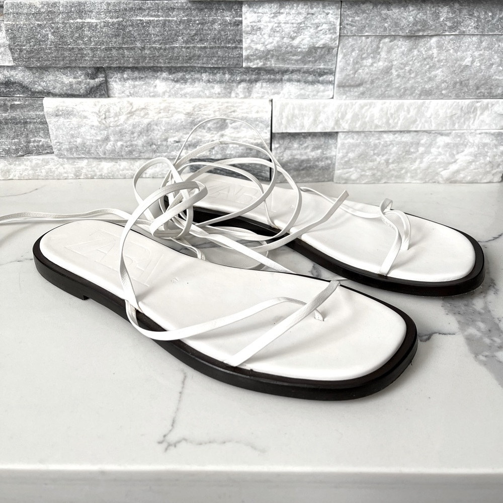 ZARA Thin Strap Leather Lace Up Flat White Sandals Size 7